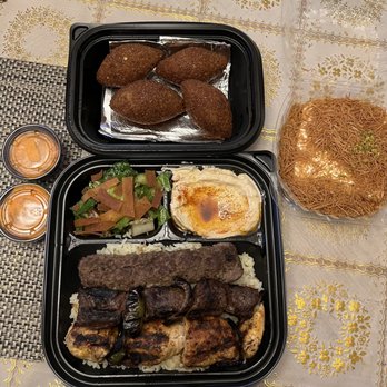 World Famous Grill - Kabob combo (bottom) fried kibi (top), spicy garlic sauce (left) and osmaliyeh (right). - Mexican Near Me - Downey, California