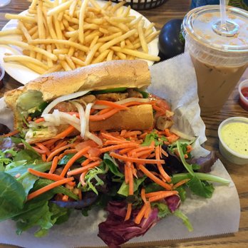 Bubbaloo Cafe - Lemongrass chicken sandwich with side salad and side fries and iced Vietnamese coffee - Sandwiches Near Me - Richmond, California Bubbaloo Cafe - Lemongrass chicken sandwich with side salad and side fries and iced Vietnamese coffee - Sandwiches Near Me - Richmond, California