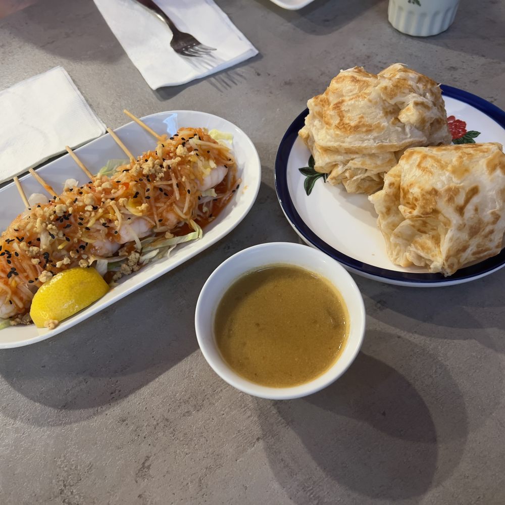 Phat Eatery - Kerabu Prawn (left), Roti Canai (right) - Malaysian Near Me - Katy, Texas