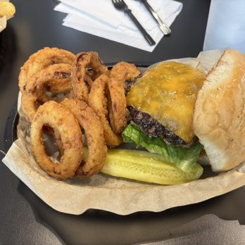 The District Butcher - Burger with onion rings - Butcher Near Me - Weatherford, Texas The District Butcher - Burger with onion rings - Butcher Near Me - Weatherford, Texas