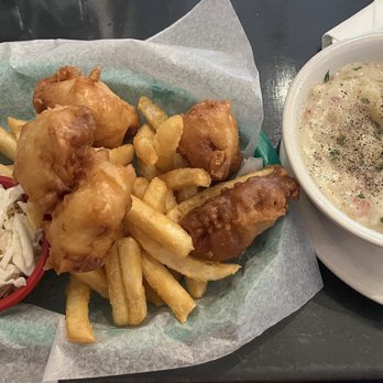 Fresh Off The Hook - Cod and Chips with a side of Clam Chowder. Absolutely worth it... - Seafood Near Me - Boise, Idaho Fresh Off The Hook - Cod and Chips with a side of Clam Chowder. Absolutely worth it... - Seafood Near Me - Boise, Idaho