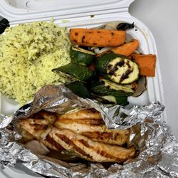 Fish In the Village - Salmon (grilled) with rice and grilled veggies