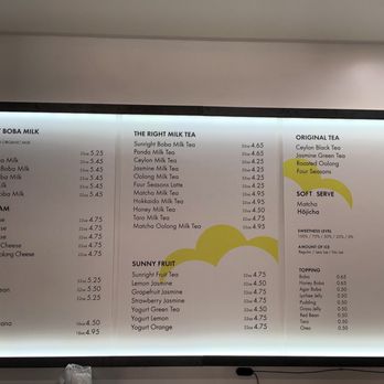 Sunright Tea Studio - Menu as of 9/5/2019 - Bubble Tea Near Me - Costa Mesa, California