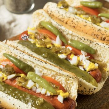 Chicago Deep Dish Pizza - three hotdogs with toppings - Pizza Near Me - Arlington, Texas