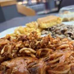 United House of Prayer - Spaghetti, black eyed peas, mac n cheese, and cornbread.