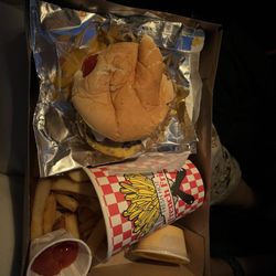 Hamburger, fries, soft pretzel