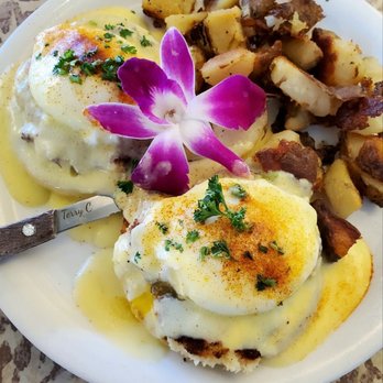 Celia’s Garden Cafe - Crab Cakes Benedict with home-fries - Breakfast & Brunch Near Me - Los Osos, California