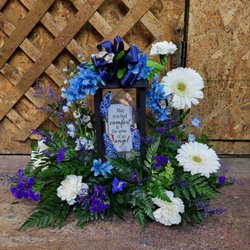 Reni's Heaven Scent - A silk and real floral arrangement, with solar lantern.