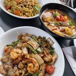 Drunken noodles, pineapple fried rice, duck red curry Drunken noodles, pineapple fried rice, duck red curry