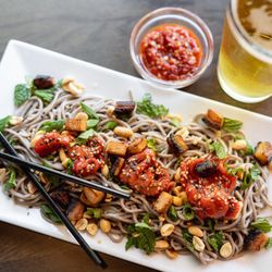 Kojin Noodle Bar - Cold Soba 
baby octopus - bacon - chili - mint - peanuts