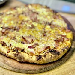The Wine Bar & Market - Pensacola - Moi (Spicy meat lovers) pizza pie with their dough. Rolled out with rolling pin. Much thinner. Very good :)'