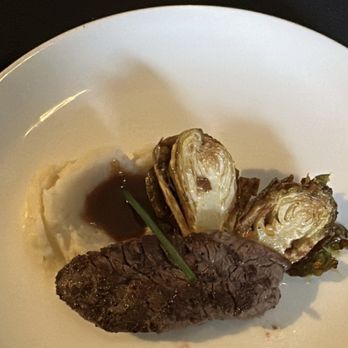 Omaniku - USDA Prime Hanger cut served with a potato purée, crispy brussels sprouts, and unaplum sauce - Asian Fusion Near Me - San Gabriel, California Omaniku - USDA Prime Hanger cut served with a potato purée, crispy brussels sprouts, and unaplum sauce - Asian Fusion Near Me - San Gabriel, California