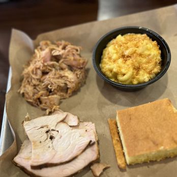 Mission BBQ - To meat platter with pulled chicken, turkey, mac & cheese, and corn bread - Barbeque Near Me - Gambrills, Maryland