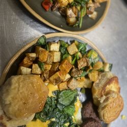 That Breakfast Place - Veggie patties biscuits, fried egg with cheese, home fries with spinach