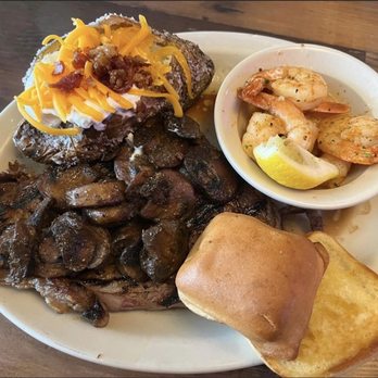 Texas Roadhouse - Top Sirloin* & Grilled Shrimp with sautéed mushrooms and a baked potato - Barbeque Near Me - Rialto, California Texas Roadhouse - Top Sirloin* & Grilled Shrimp with sautéed mushrooms and a baked potato - Barbeque Near Me - Rialto, California