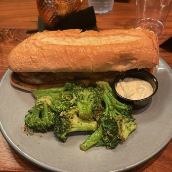 Fellaship - Catfish Sandwich with steamed broccoli - Cigar Bars Near Me - Atlanta, Georgia