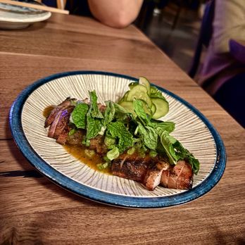 Budonoki - Grilled Pork Jowl. Delicious balance of savory + pickled cucumbers + refreshing mint - Izakaya Near Me - Los Angeles, California