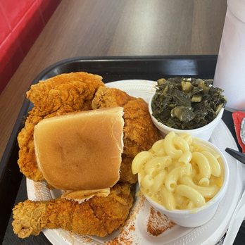 Chatman's Chicken - Spicy mixed plate with collard greens, mac&cheese, roll, and grape cool aid. - Fast Food Near Me - San Antonio, Texas Chatman's Chicken - Spicy mixed plate with collard greens, mac&cheese, roll, and grape cool aid. - Fast Food Near Me - San Antonio, Texas