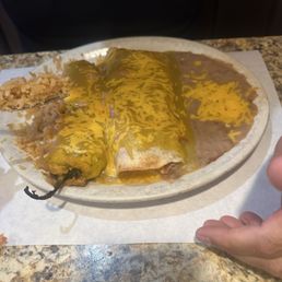 Chili verde burrito and chili rellano dinner Chili verde burrito and chili rellano dinner