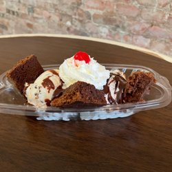 Yummerful - Brownie besty sundae with Mackinac Island Fudge ice cream, hot fudge, homemade brownies, whipped cream, and a cherry on top!