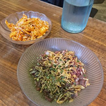 ARIARI - Yook-Hwe (Beef tartare) and complimentary kimchi - Korean Near Me - New York, New York