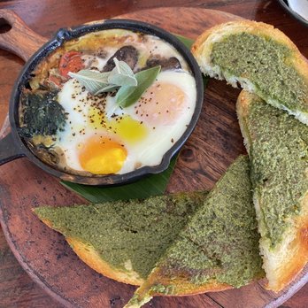 Fig & Ginger - Baked eggs with mushrooms asparagus tomatoes and pesto toast - Breakfast & Brunch Near Me - Honolulu, Hawaii Fig & Ginger - Baked eggs with mushrooms asparagus tomatoes and pesto toast - Breakfast & Brunch Near Me - Honolulu, Hawaii