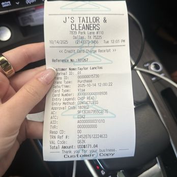J's Tailor & Cleaners - Receipt - Sewing & Alterations Near Me - Dallas, Texas J's Tailor & Cleaners - Receipt - Sewing & Alterations Near Me - Dallas, Texas