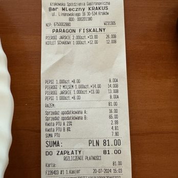 Bar Mleczny Krakus - Total for everything, about $21USD - Milk Bars Near Me - Kraków, Massachusetts Bar Mleczny Krakus - Total for everything, about $21USD - Milk Bars Near Me - Kraków, Massachusetts