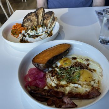 Clark Point Cafe - Turkish Eggs served with bread and Feta Fried Eggs served with sweet potato - Bakeries Near Me - Southwest Harbor, Maine