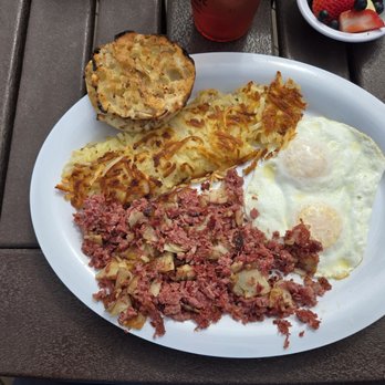 Oceanside Beach Bar and Grill - Corned beef hash with two eggs over easy, prepared by Rory! - Salad Near Me - Flagler Beach, Florida