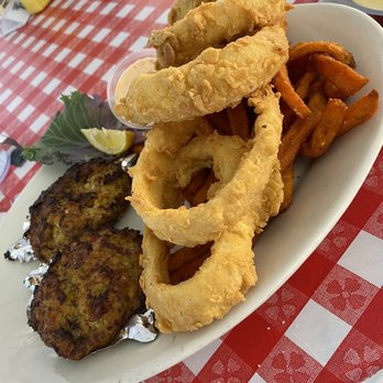Crystal Beer Parlor - Baked Southern Deviled Crab with Mmm , Onion Rings and Sweet Potato Fries - Southern Near Me - Savannah, Georgia