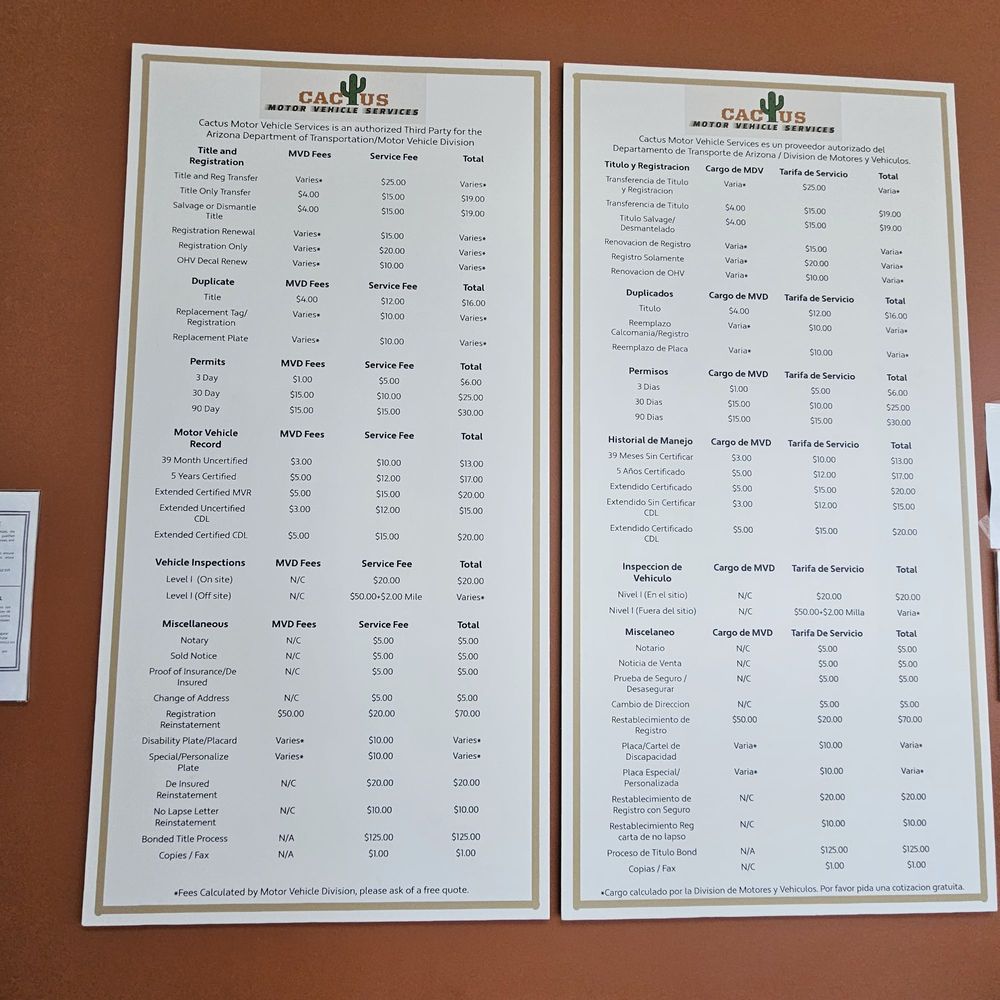 Cactus Motor Vehicle Services - Posted FEES - Registration Services Near Me - Peoria, Arizona Cactus Motor Vehicle Services - Posted FEES - Registration Services Near Me - Peoria, Arizona
