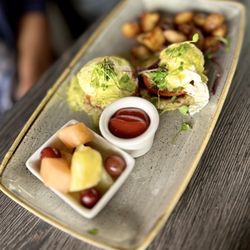 Crab Benedict over hash browns.