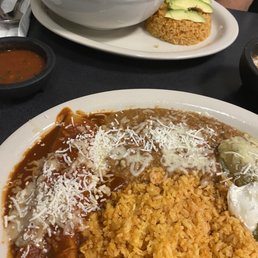 Enchilada dinner. Albondigas soup in the background.