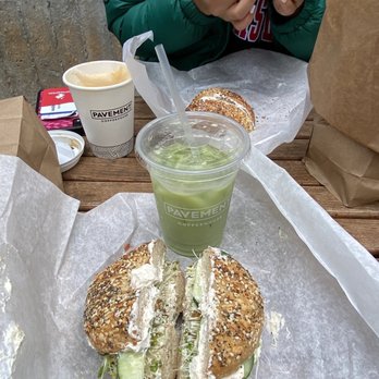 Pavement Coffeehouse - Everything Our Homemade Bagels with vegan tofu Cream Cheese and veggies, Latte, iced matcha latte - Coffee & Tea Near Me - Boston, Massachusetts Pavement Coffeehouse - Everything Our Homemade Bagels with vegan tofu Cream Cheese and veggies, Latte, iced matcha latte - Coffee & Tea Near Me - Boston, Massachusetts