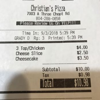 Christians Pizza - I can't remember the last time i paid under $11.00 to feed my daughter (14) and me !!!! - Pizza Near Me - Richmond, Virginia