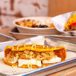 Somos Handcrafted Arepas - Cachapa with Pulled Chicken and Queso de Mano