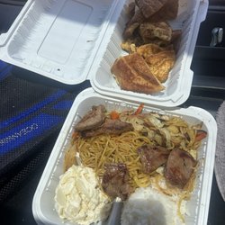 Jed's Lunchwagon & Catering - fried noodle plate(rice and potatoe salad) and french toast