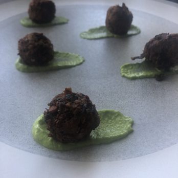 SaltBlock Catering - Zucchini and eggplant fritters with an avocado dip, great option for a vegetarian passed appetizer for cocktail hour - Caterers Near Me