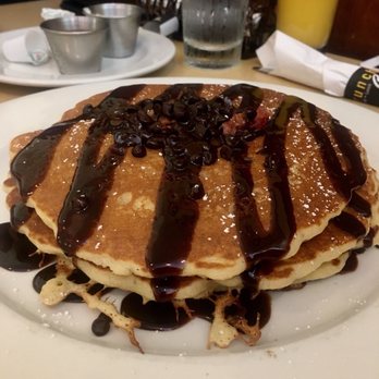 Brunch Cafe-Huntley - Chocolate bacon pancakes (3). Too much chocolate in my opinion - Breakfast & Brunch Near Me - Huntley, Illinois Brunch Cafe-Huntley - Chocolate bacon pancakes (3). Too much chocolate in my opinion - Breakfast & Brunch Near Me - Huntley, Illinois