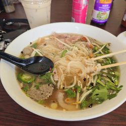 Pho Street Boba - Steak and meatball pho and a brown sugar milk tea.