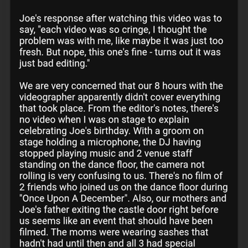 Eivan's Photo Inc - Email to customer service noting edit issues and videographer missing important events during wedding - An email discussing concerns about video editing, missing footage, and event coverage during a wedding, including details about the videographer's performance. - Photographers Near Me - Mokena, Illinois