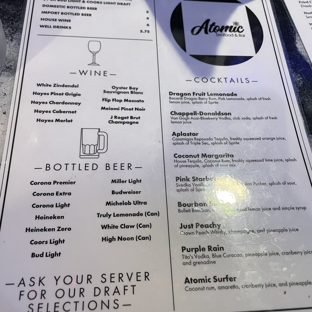 Atomic Seafood & Bar - Drink Menu - Seafood Near Me - Lusby, Maryland
