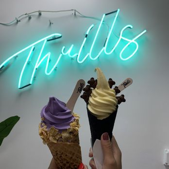 Thrills Soft Serve - ube soft serve with frosted flakes in furikake cone, mango soft serve with chocolate teddy grahams in chocolate cone - Ice Cream & Frozen Yogurt Near Me - Honolulu, Hawaii Thrills Soft Serve - ube soft serve with frosted flakes in furikake cone, mango soft serve with chocolate teddy grahams in chocolate cone - Ice Cream & Frozen Yogurt Near Me - Honolulu, Hawaii