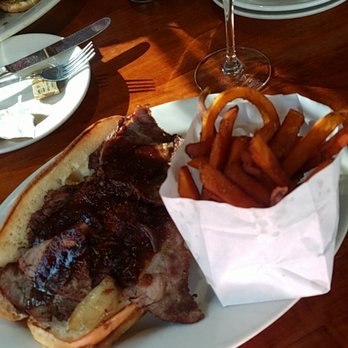 Harvest Moon - Tri tip sandwich with sweet potato fries. Delicious! - American Near Me - Modesto, California