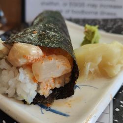 Taka's Grill - Spicy scallop hand roll with avocado and tabiko.