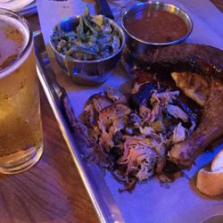 A little bit of stuff (Hand Pulled Pork, Beer Can Chicken, St. Louis Ribs and Beef Brisket) with Green Bean Casserole and Baked Beans