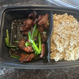 Overcooked Mongolian Beef. This is literally all they gave us in our order.