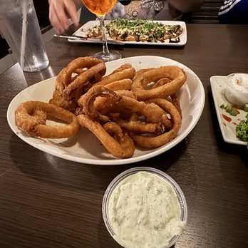 Jose's Bar & Grill - Side order of onion rings with tartar sauce, and mushroom flatbread - Tex-Mex Near Me - Windsor, Ontario