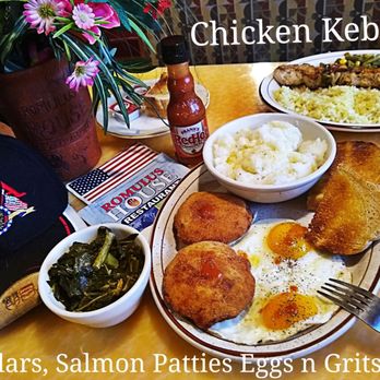 Romulus House Restaurant - chicken kebab, collars, salmon patties, eggs and grits - American Near Me - Romulus, Michigan